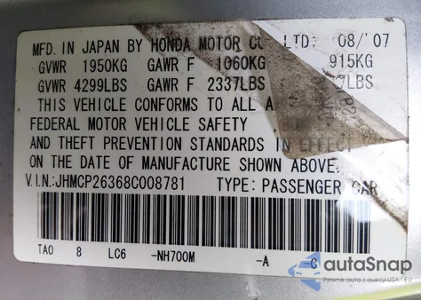 2008 Honda Accord 2.4 Lx z USA, uszkodzony, nr VIN JHMCP26368C008781